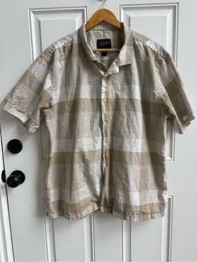 Egara Beige and Cream Plaid Short-Sleeve Button-Down Shirt Slim Fit 100% cotton